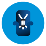 Illustration of a forward-facing car seat with a five-point harness system on a blue circular background